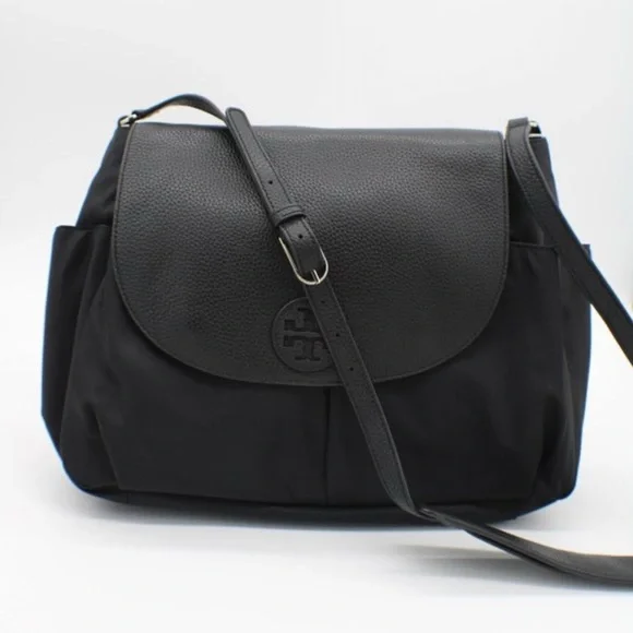 TORY BURCH Thea Black Nylon Pebble Leather Bag - Picture 2 of 13